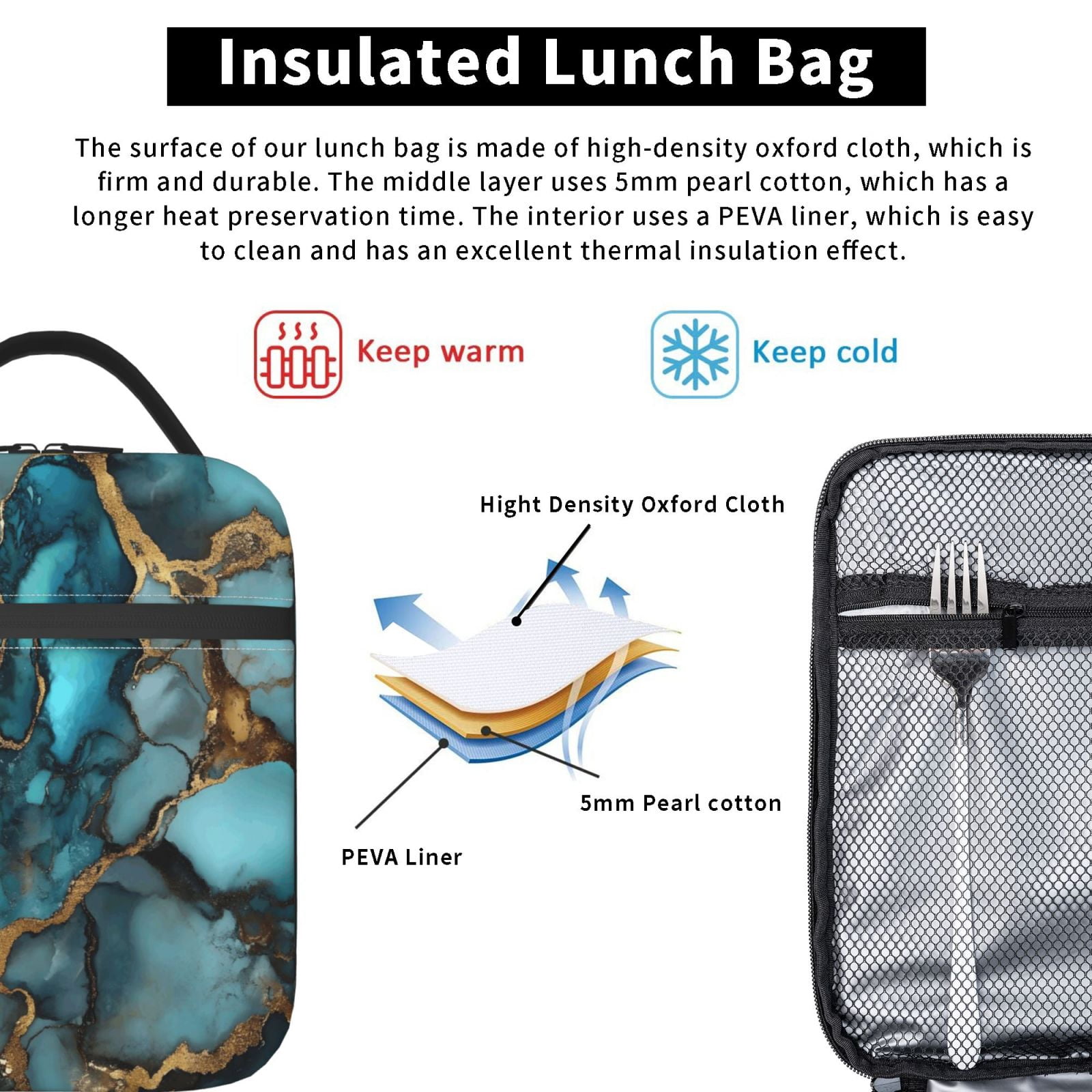 Lunch Bag For Women Men Insulated Portable Lunch Box Bento Box Office Picnic Travel Cooler Bag Teal Gold Marble