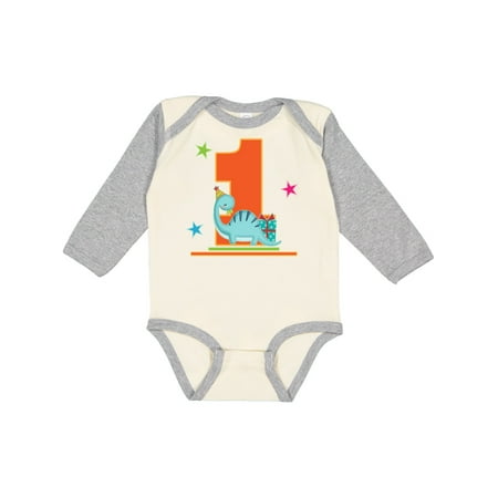 

Inktastic First Birthday Party Dinosaur 1 Year Old Gift Baby Boy or Baby Girl Long Sleeve Bodysuit