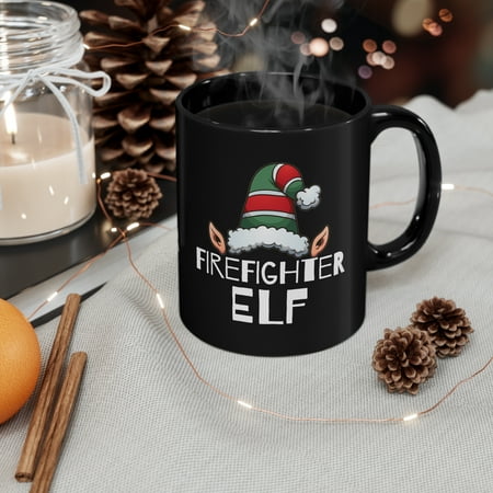 

Firefighter Elf Christmas 11oz Black Ceramic Mug Holidays Xmas Elves