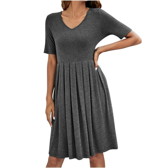 Bigersell Plus Size Dresses for Wedding Guest Women's Dress V-Neck Short Sleeve Pocket Solid Pleated Everyday Dress Spaghetti Strap Dresses Female Women's Plus Ball Gown Dresses, Style 3727, Gray M