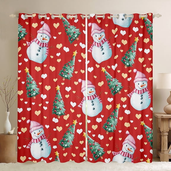 Feelyou Kawaii Snowman Kids Black Out Curtains, Green Christmas Tree Curtains Pack of 2 (42x63 Each), Cartoon Love Heart Bedroom Curtains, Microfiber Bedroom Decor