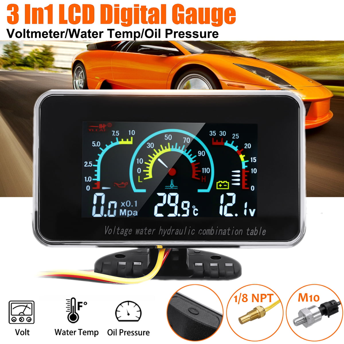 Car LCD 4in1 Gauge Water Temperature Meter /Oil Pressure/Fuel/Voltage Volt Gauge 