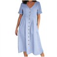 thumbnail image 1 of CHOK Robe d'Été Décontractée pour Femmes en Coton et Lin, Robe Midi Boutonnée avec Poches, Col en V, Manches Courtes, Grande Taille (3TG Bleu Clair), 1 of 5