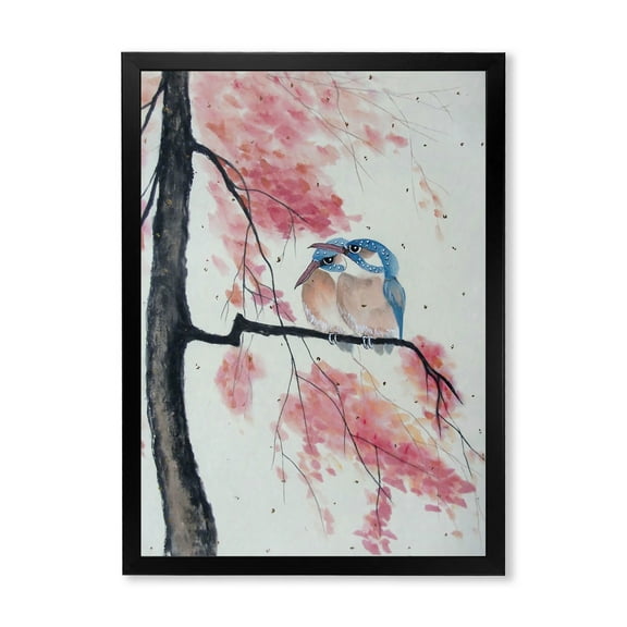 Two Blue Kingfisher Birds Sitting On A Flowering Branch 30 in x 40 in Framed Painting Canvas Art Print, by Designart