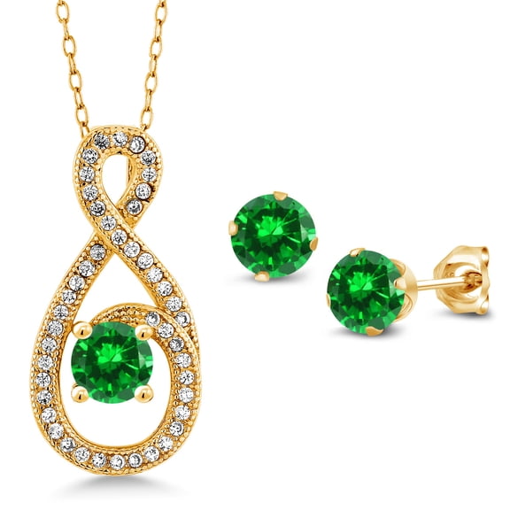 Gem Stone King 3.12 Ct Green Created Emerald 18K Yellow Gold Plated Silver Pendant and Earrings Jewelry Set