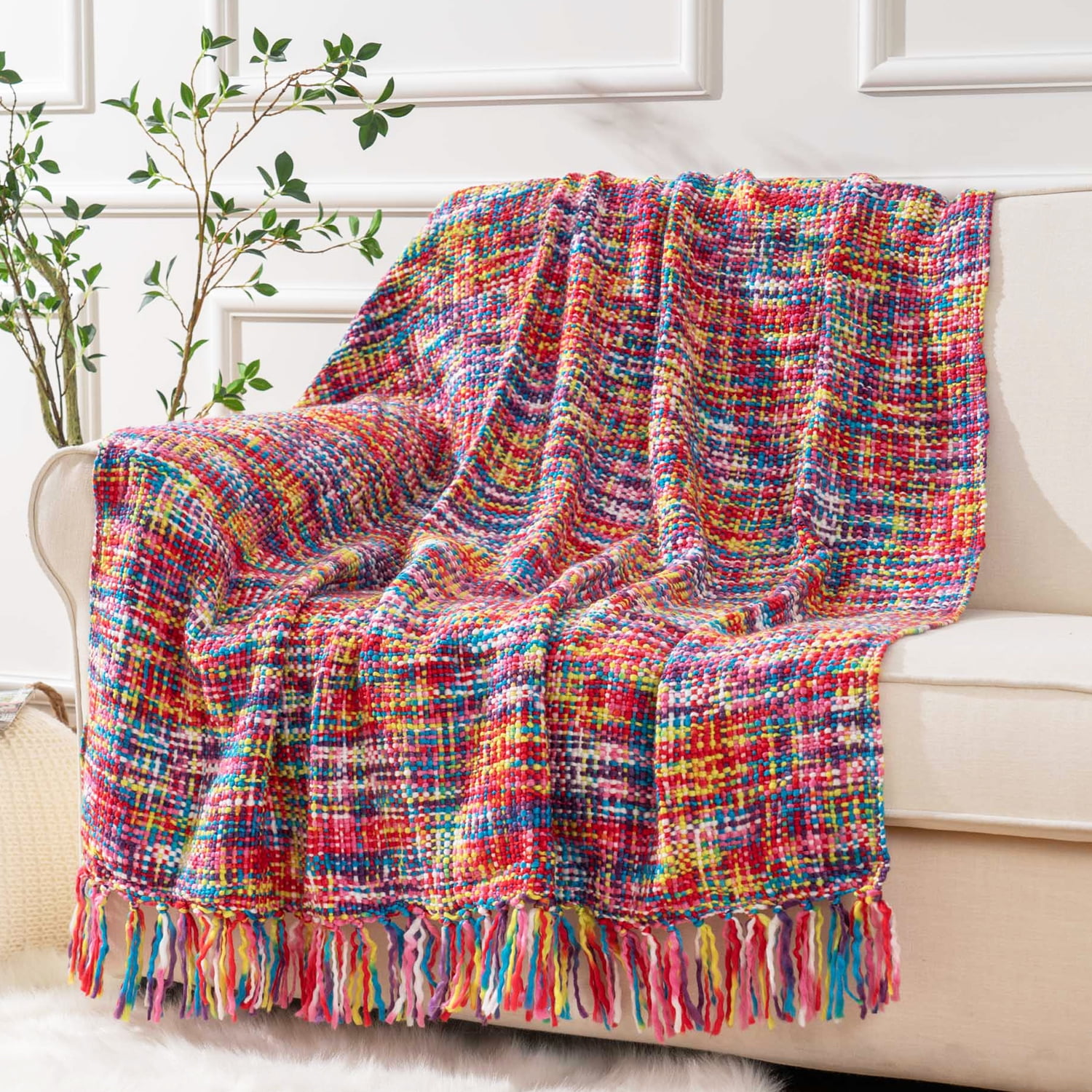 Colorful Throw Blanket with Tassels, Boho Knit Throw Blankets for Couch,Living Room,50"x60"