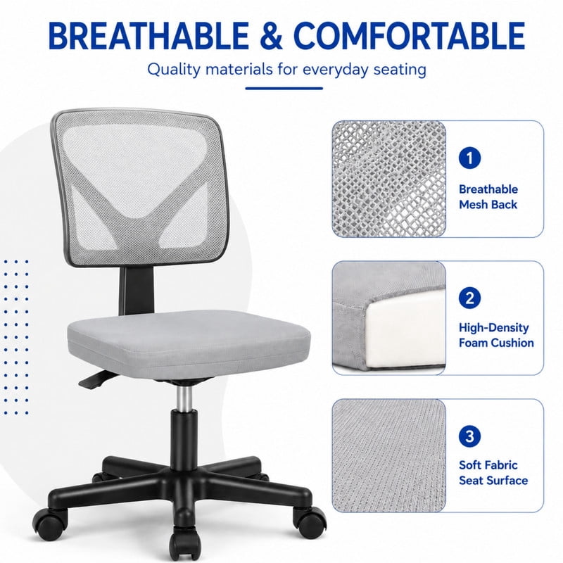BEAUTYPEAK Desk Chair with Y-Shaped Lumbar Support Adjustable Armless Mesh Office Chair with Wheels for Home Office, Gray
