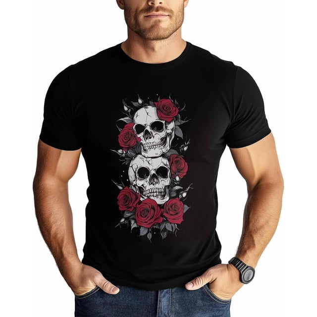 Camiseta de hombre, cuello redondo, calavera rosa, manga corta, informal, negra