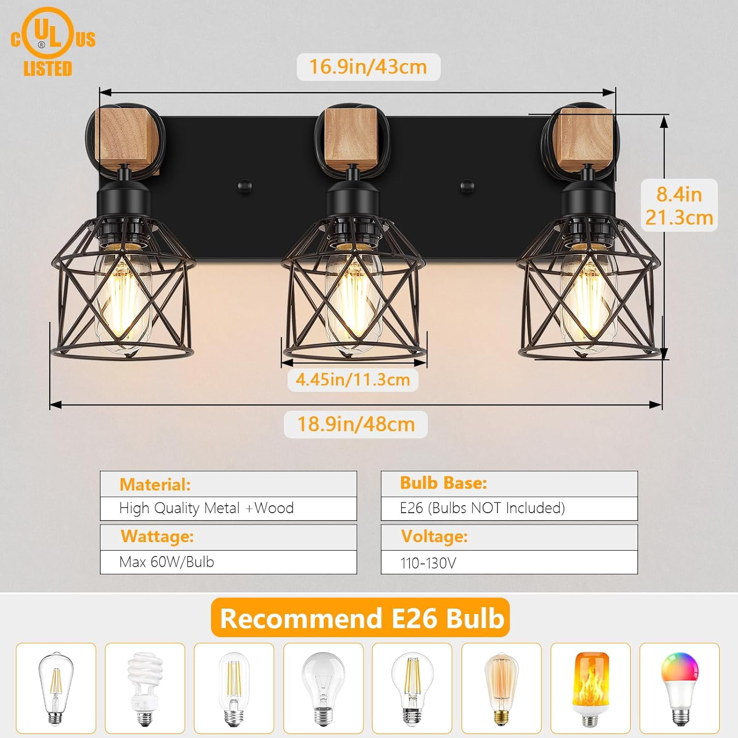 3-Light Bathroom Light Fixtures over Mirror Bathroom Vanity Light Farmhouse Black Bathroom Lighting Fixtures with Metal Lampshade for Bedroom, Hallway, Living Room
