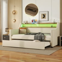 YIYADO Twin Upholstered Daybed with Trundle, Modern Bed with Charging Station, LED Lights & Storage Headboard, Beige
