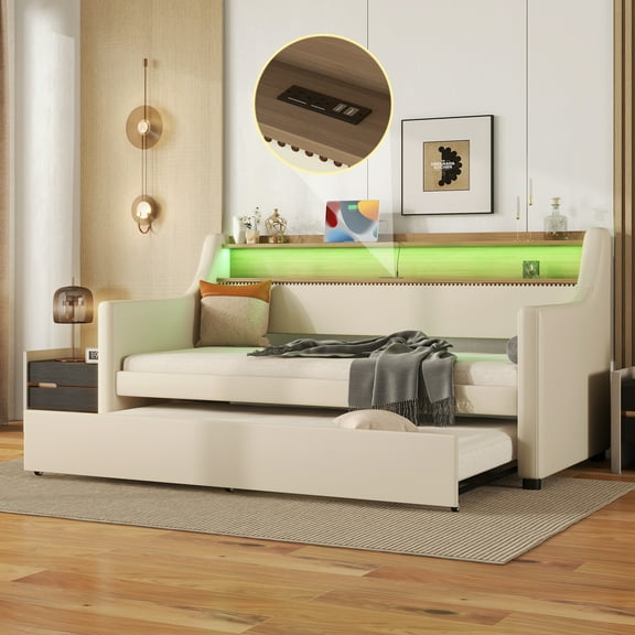 YIYADO Twin Upholstered Daybed with Trundle, Modern Bed with Charging Station, LED Lights & Storage Headboard, Beige