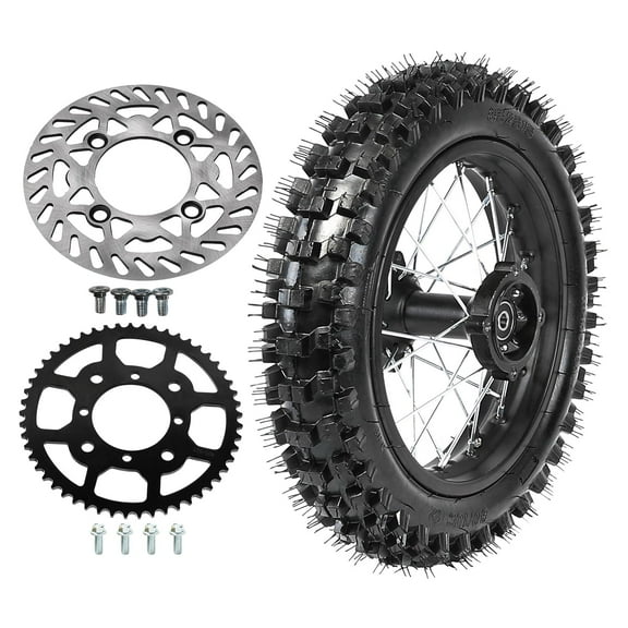 80/100-12 3.00-12 Tire Tube,12" Rear Wheel Rim With 420 53T Sprocket & Brake Disc For Apollo SSR 50cc 70cc 90cc 110cc 125cc 140cc 150cc XR CRF70 Dirt Pit Bike TaoTao KX65 (15mm Axle)