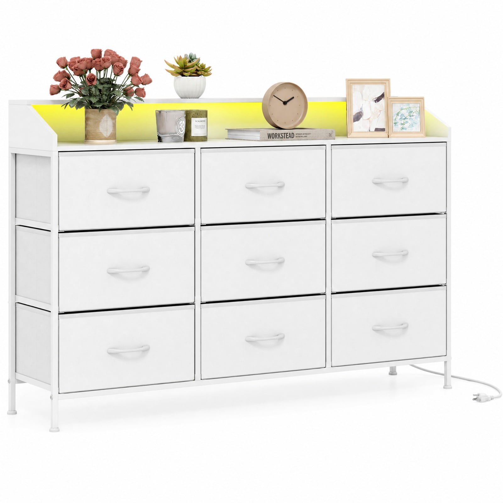 Furnibear Storage Organizer with LED Lights and 9 Fabric Drawers for Bedroom for Bedroom Closet Living Room Nursery Clothes Storage, White
