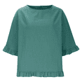 thumbnail image 5 of Women Summer Cotton Linen T Shirts Solid Cotton and Linen Ruffle Pleated Hem Tops Half Sleeve Round Neck Casual Shirt Comfortable Shirts, 5 of 5