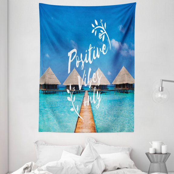 Quote Tapestry, Positive Vibes Only Message Attitude Motivation Inspirational Concept Tropical Scene, Wall Hanging for Bedroom Living Room Dorm Decor, 60"W X 80"L, Multicolor, by Ambesonne