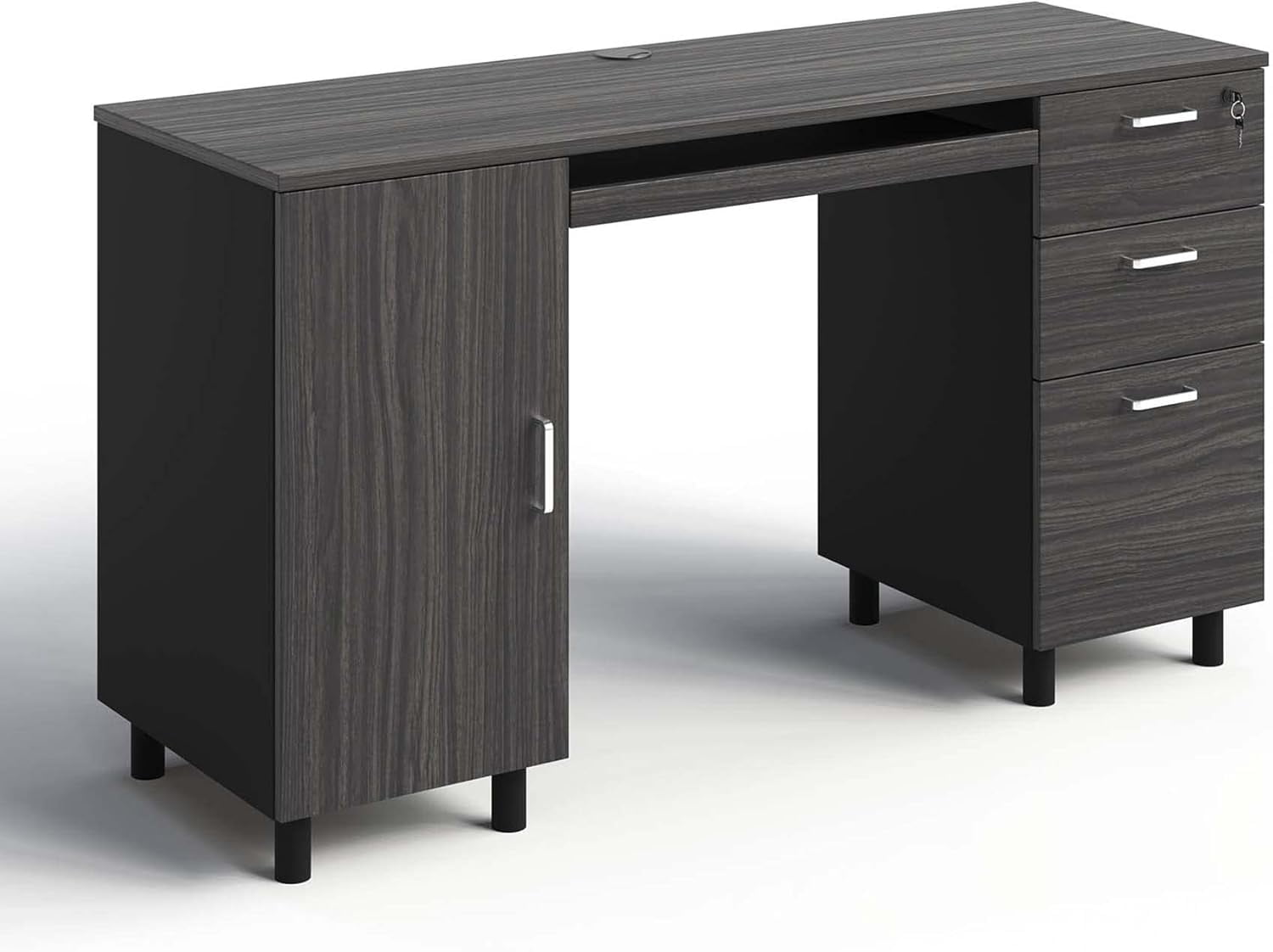 Modern Design by Crafts and Comfort Venice Computer Desk Great for Home Office Desk - 3 Drawers and CPU Storage Cabinet - Laptop Workstation with Keyboard Tray and Cable Hole - Grey / Black