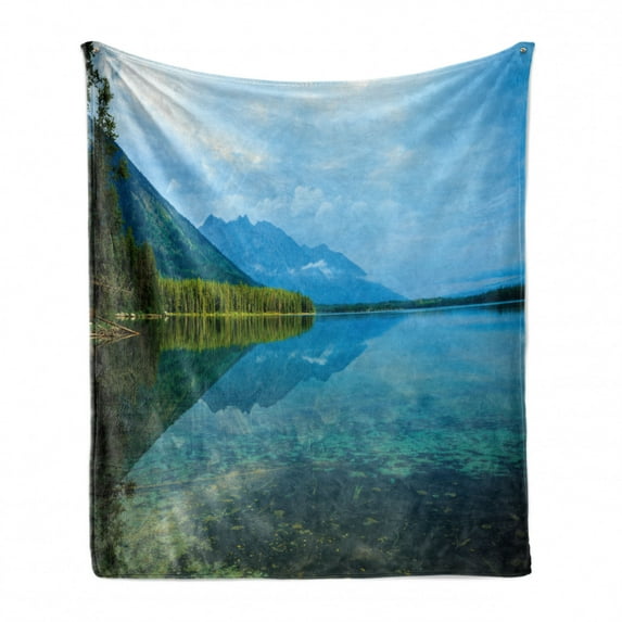 Wyoming Soft Flannel Fleece Throw Blanket, Leigh Lake Landscape with Sky and Reflections on Calm Water, Cozy Plush for Indoor and Outdoor Use, 50" x 60", Olive Green and Sea Blue, by Ambesonne