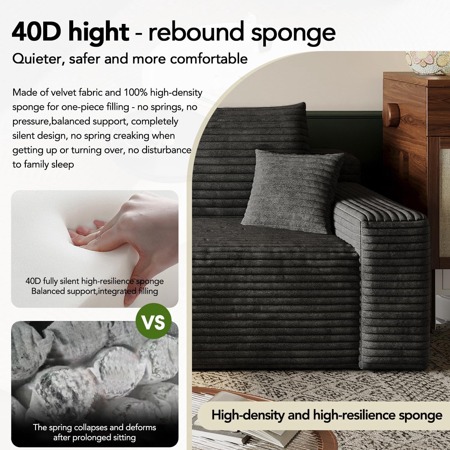 103" Cloud Sectional Sofa, Modern L Shaped Deep Seat Couch, Plush Corduroy Upholstered Sofa No Assembly, Living Room