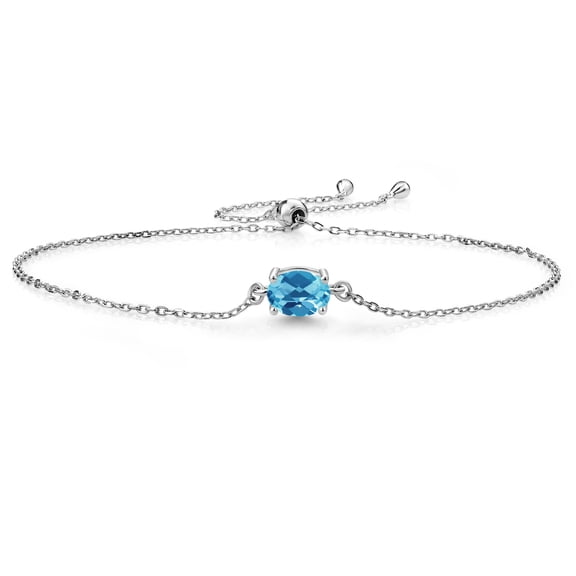 Gem Stone King 925 Sterling Silver Swiss Blue Topaz Solitaire Bracelet for Women (1.00 Cttw, Oval Checkerboard Cut 7x5mm)