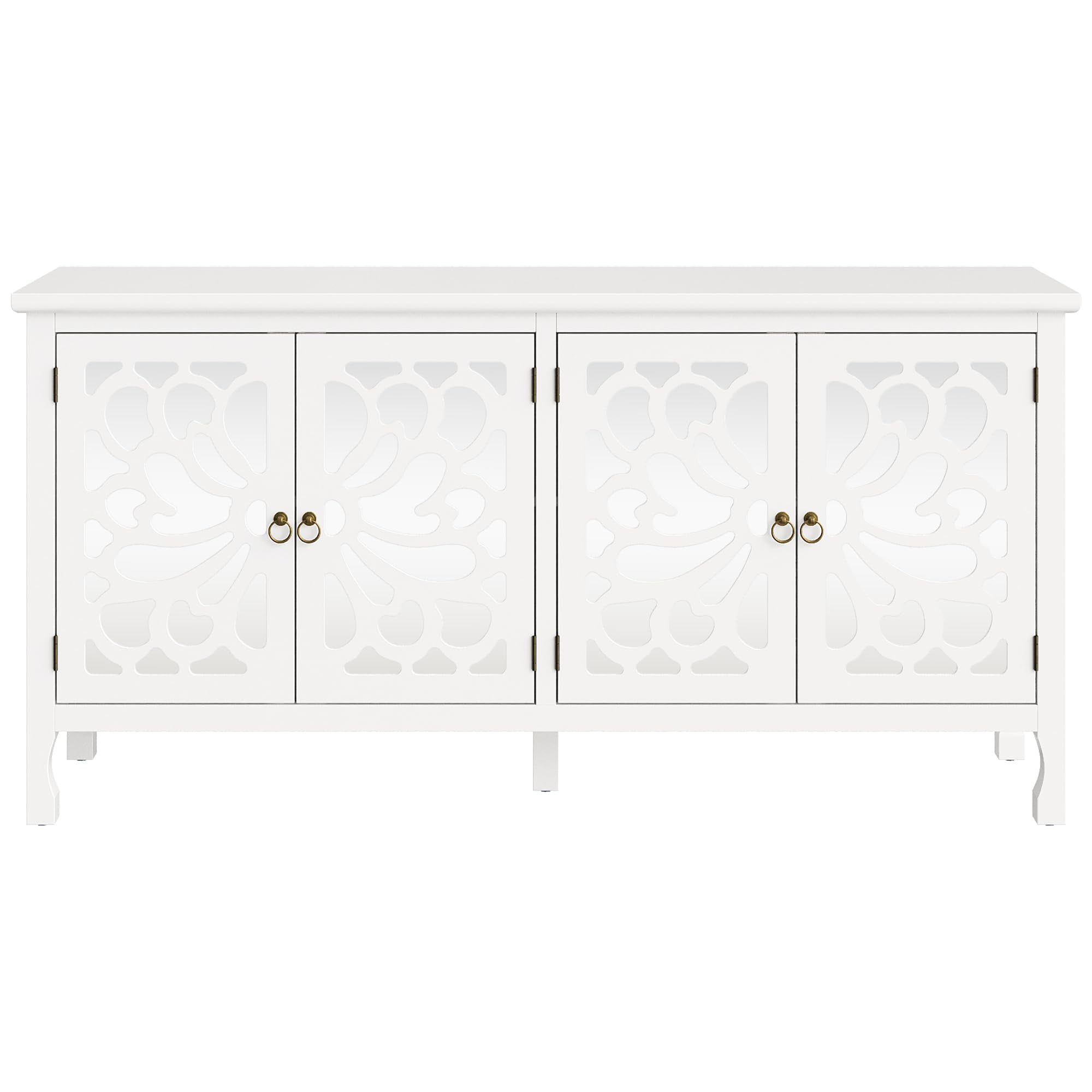 CozyHome 63" Carved Buffet Cabinet with Mirrored Door, Modern Console Cabinet with Storage and Adjustable Shelves, Wood Media Cabinet for Entryway, Living Room, Bedroom, Dining Room, Bathroom (White)