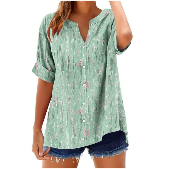 Idoravan Womens Blouses under $10 Women's V-neck Short Sleeved Non Positioning Printed Summer Button Short Sleeved Loose And Fashionable T-shirt