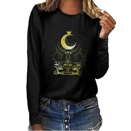 

Ziloco Long Sleeve Round-Neck Blouses & Shirts Plus Size Blouses for Women Women s Sun Moon Printed Casual Loose Round Neck Long Sleeve T-shirt Tops Blouse Maternity Tank Top