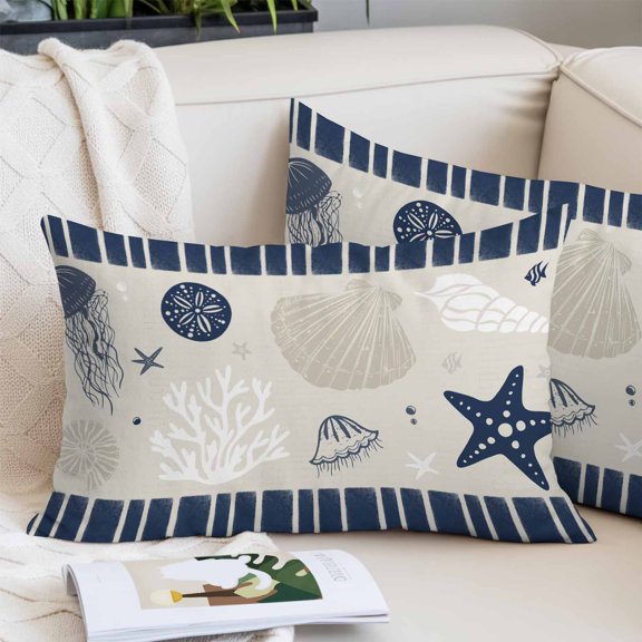 Navy Blue Coastal Lumbar Pillow Covers 12x20 Inch, Ocean Nautical Starfish Coral Striped Decorative Pillowcase with Zipper, Microfiber Pillow Protector Throw Pillowcases for Couch Sofa Bed