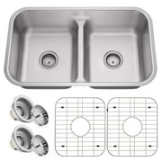 Miligor 32" x 19" x 9" Deep Double Bowl (50/50 Low Profile Split) 16-Gauge Stainless Steel Kitchen Sink - Includes Drains/Grids