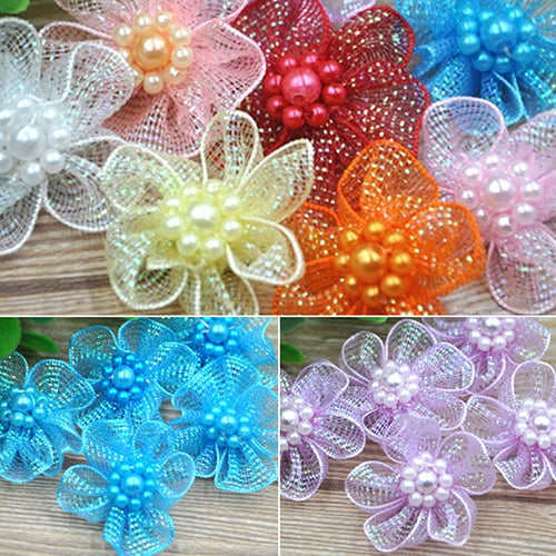 10Pc Mixed Color Organza Ribbon Bead Flower Wedding DIY Craft Appliques AU_ FT 