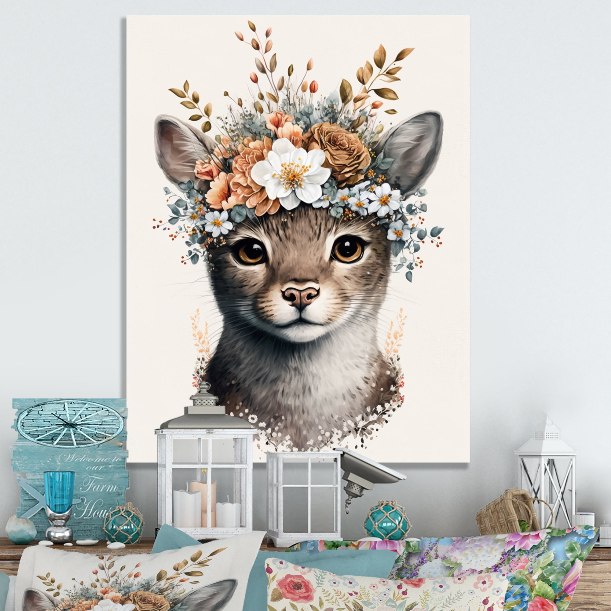 Designart Cute Baby Cat With Floral Crown III Canvas Wall Art