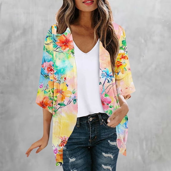 Amidoa Women's Cardigans 3/4 Sleeve Kimono Boho Floral Light Open Front Summer Cardigans Women's Sweaters L
