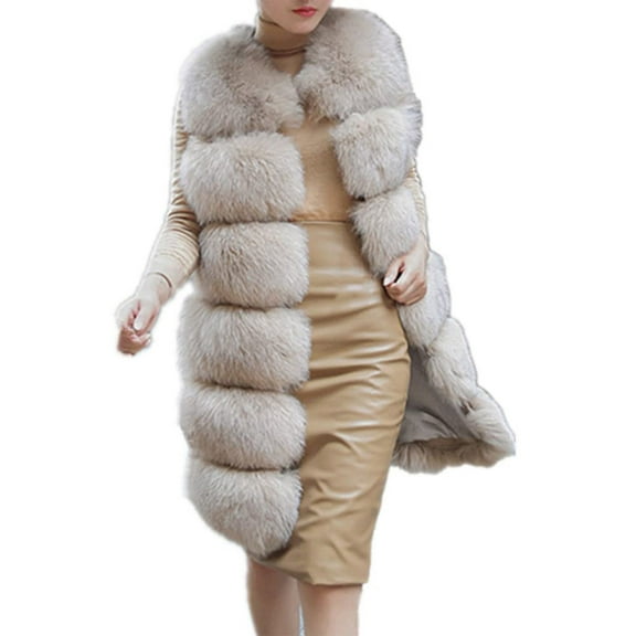 Qetyuw Womens Long Faux Fur Coat Winter Sleeveless Open Front Jacket Vest Chunky Casual Jackets Outerwear
