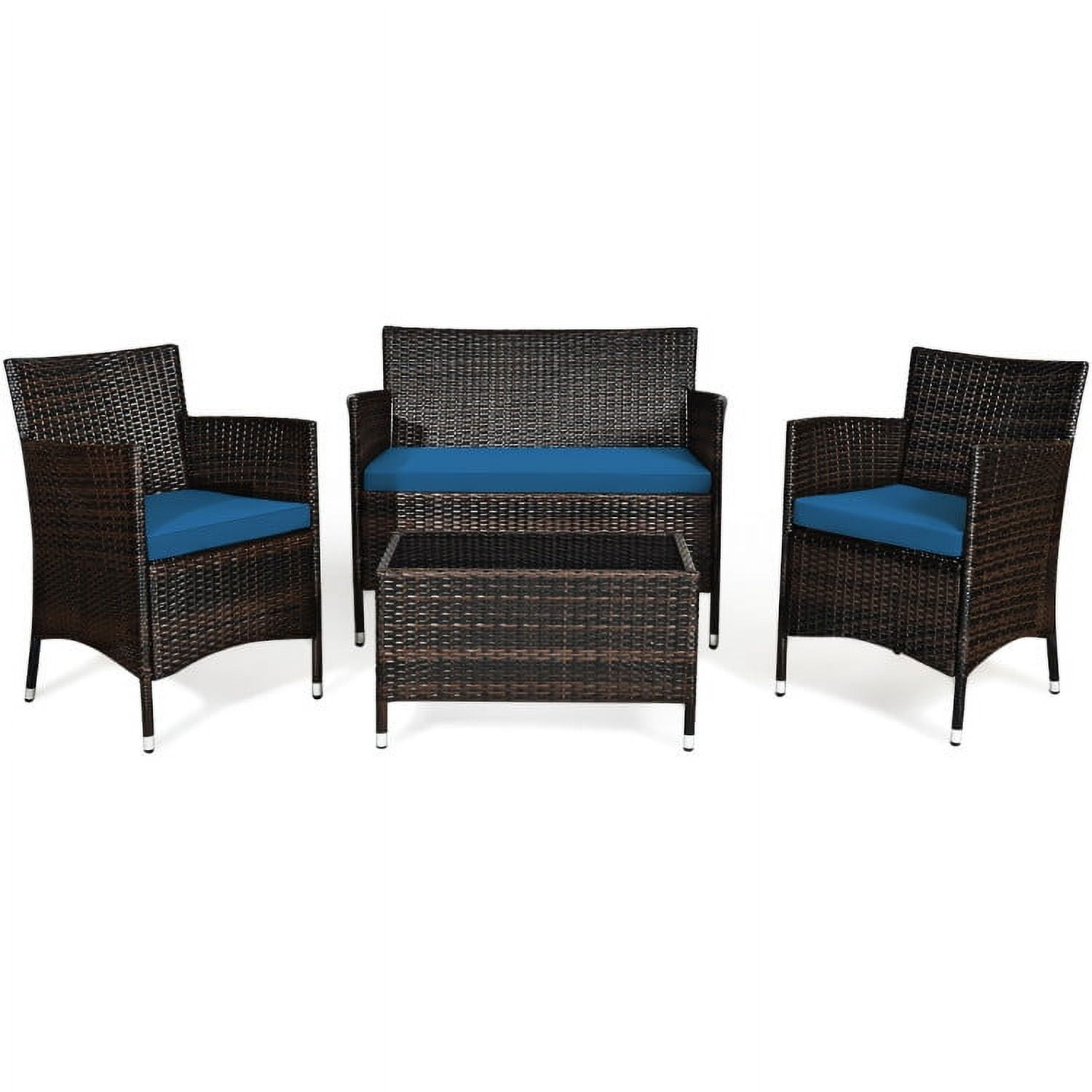 Aimee Lii 4 Pieces Patio Cushioned Wicker Conversation Set, Outdoor Sectional Set with with Glass Coffee Table, Peacock Blue