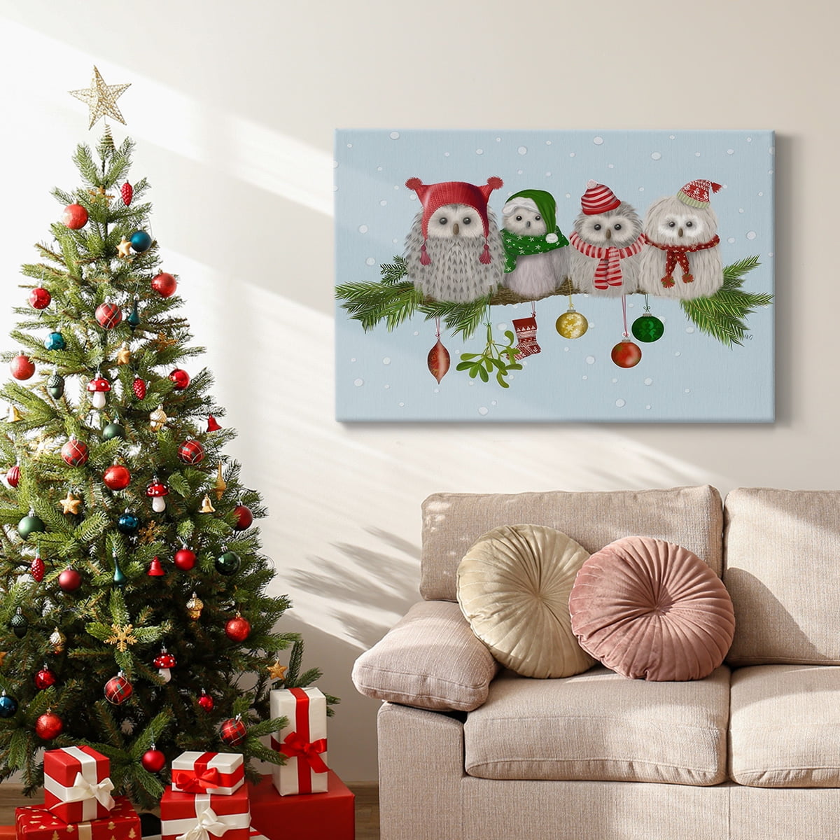 Christmas Fluffy Christmas Owls on Branch- Gallery Wrapped Canvas