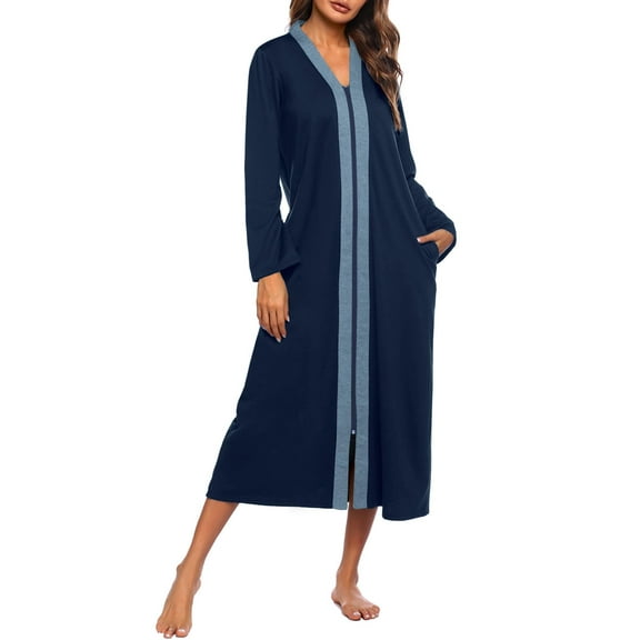 Ekouaer Women Zipper Robe Long Sleeve Loungewear Lightweight Housecoat Full Length Nightgown with Pockets