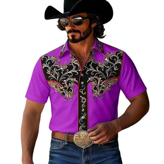 xfsWaSs Western Cowboy Shirts For Men Casual Button Down Short Sleeve Shirt Floral Embroidered Festival Shirts Holiday Celebration Retro Party Tops