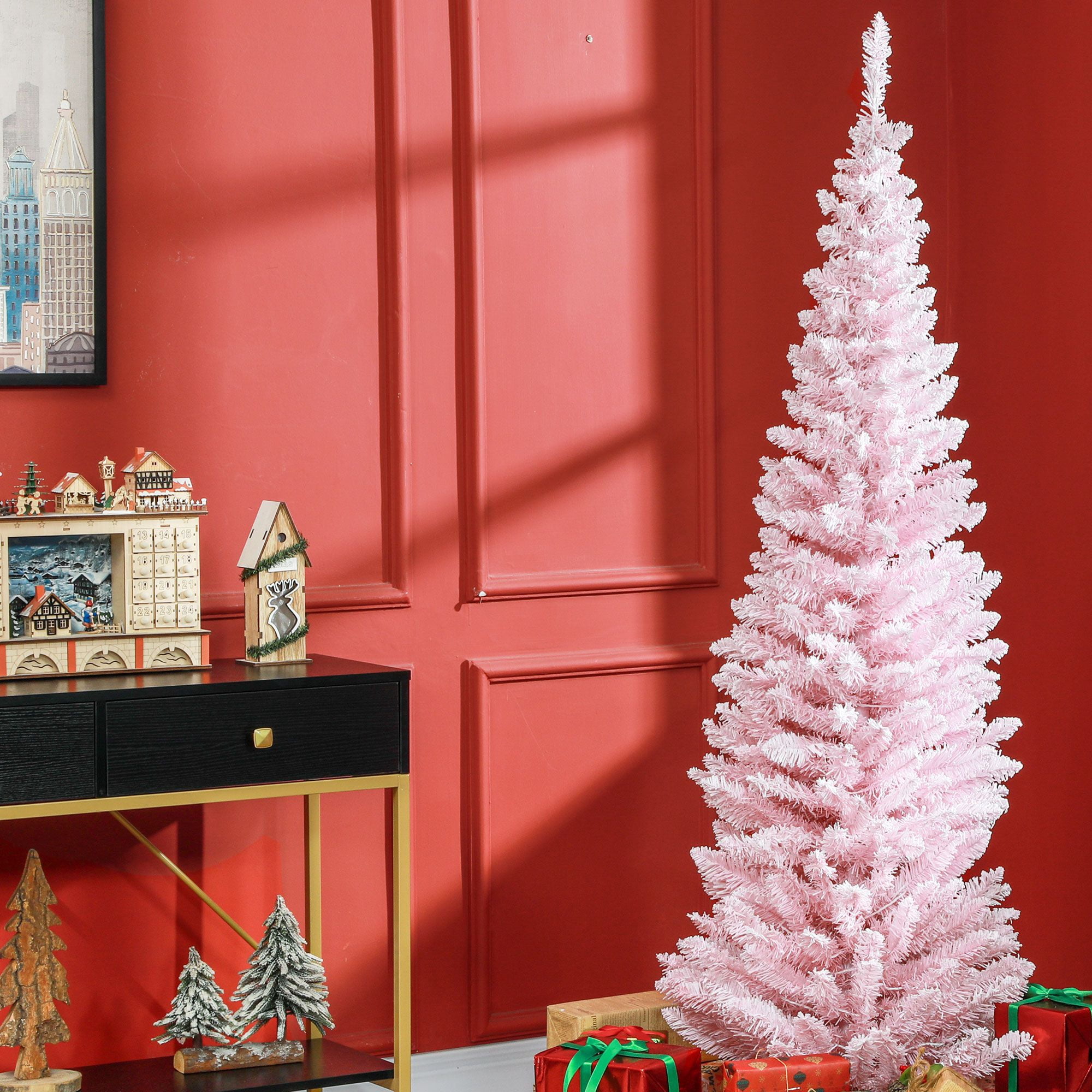6ft Pencil Christmas Tree, Slim Artificial Christmas Tree with Realistic Branches and Warm White LED Lights, Pink