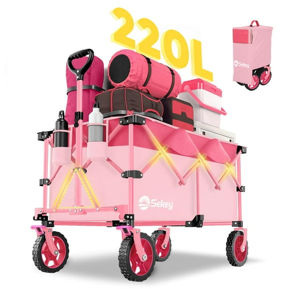 Sekey 220L Collapsible Foldable Wagon with 330lbs Weight Capacity, Heavy Duty Folding Wagon Cart with Big All-Terrain Wheels & Drink Holders (Barbie Pink)