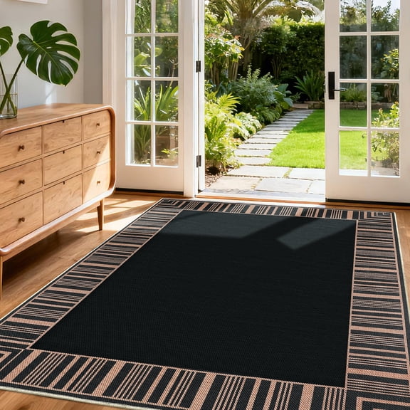 Garvee Area Rug 8x10ft Bordered Striped Carpet, Stain Resistant Machine Washable Rug Flat Woven Indoor Outdoor Rug with TPR Backing for Patio Balcony Bedroom Living Room, Black Coffee
