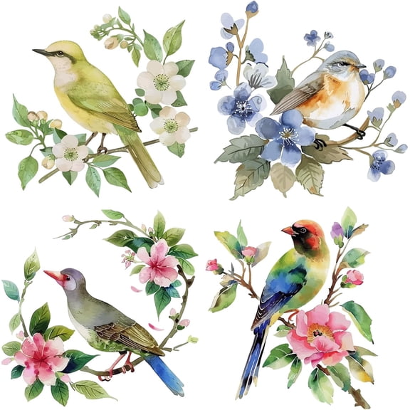 4 Styles 6.3 Inch Birds Window Sticker Round Spring Flowers Static Sliding Door Glass Window Decals Decorative Double-Side Alert Cling for Prevent Stop Birds Dog Strikes Home Decor