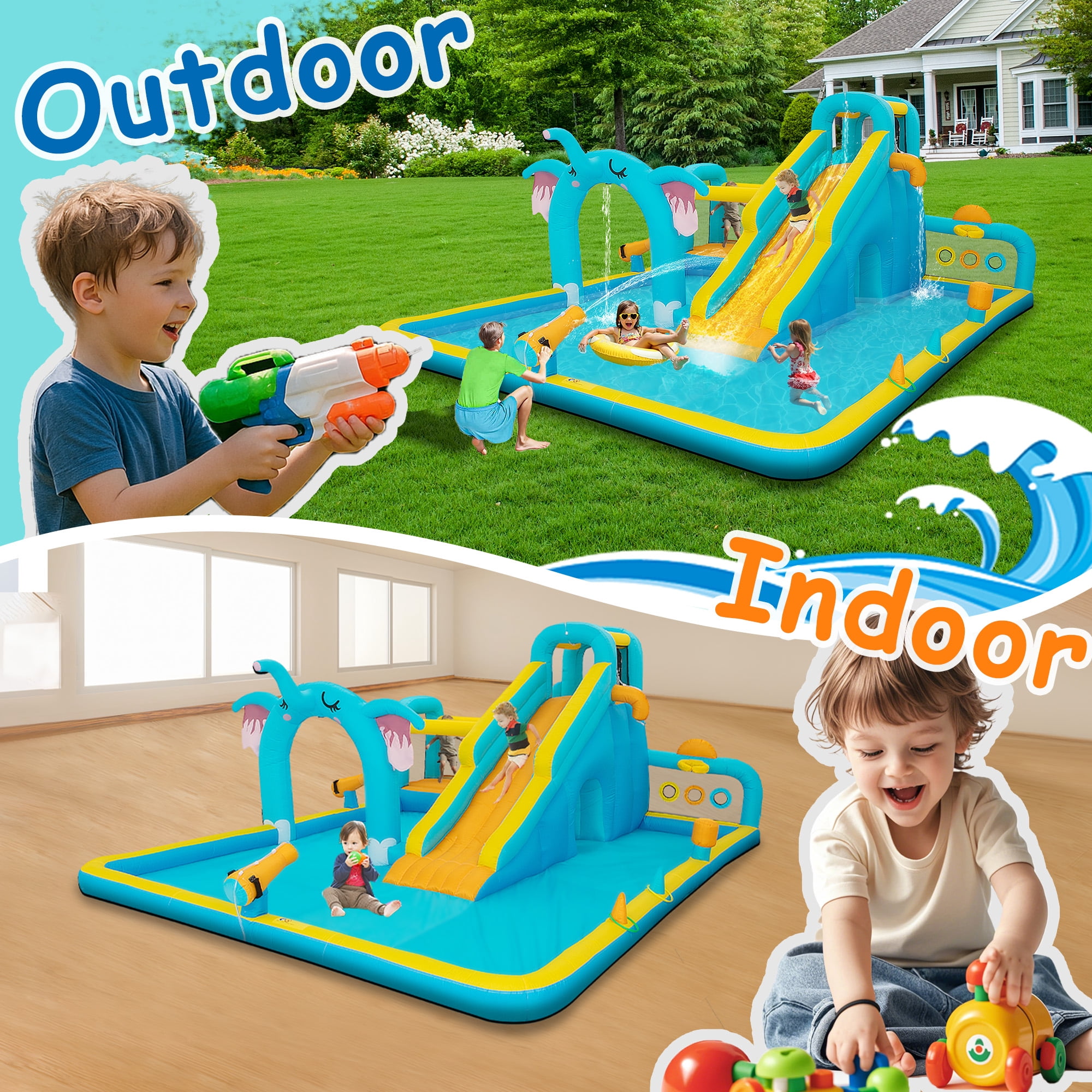 Eclife Elephant Theme Outdoor Inflatable Water Slides Bounce House for Kids 8-12 Years with Splash Pool, Climbing Wall, Air Blower, 1-Count