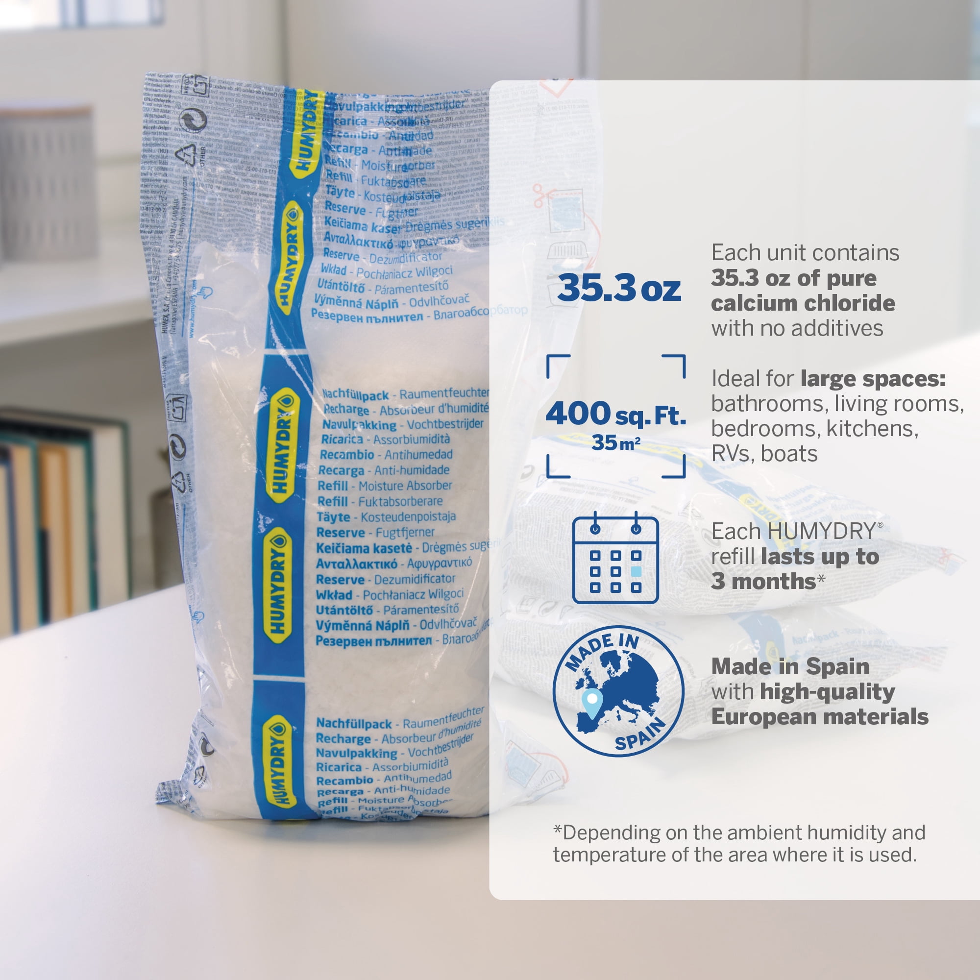 HUMYDRY Moisture Absorber Refills for 35.3 Oz Dehumidifier Device, Pack of 3 Unscented Humidity Absorber Bags, Non Electric Refill Pouches For Basements Garages Offices RVs and Large Enclosed Spaces