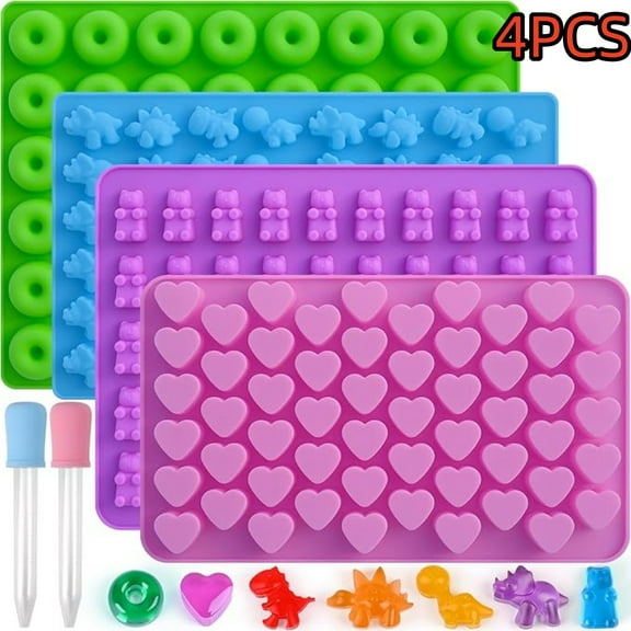 4 Pack Candy Molds Silicone with 2 Droppers Mini Gummy Bear Moulds with Different Shape for Chocolate,Cake,Candy, for Kids