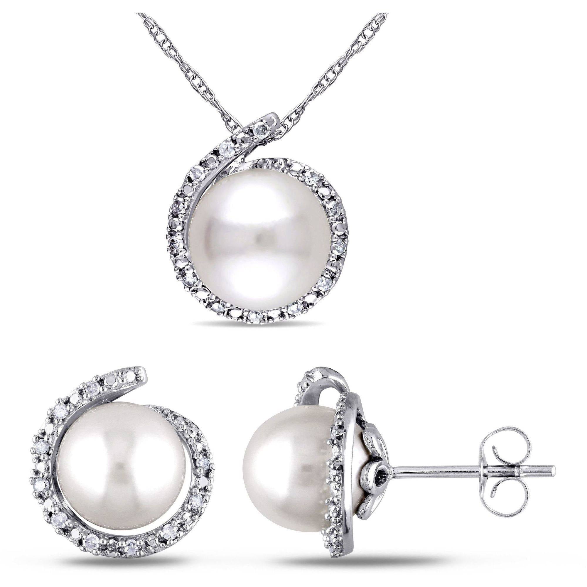Miabella 8-8.5mm White Round Cultured Freshwater Pearl and 1 7 Carat T.W. Diamond 10kt White Gold Halo Pendant and Stud... by Miabella