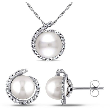 Miabella 8-8.5mm White Round Cultured Freshwater Pearl and 1/7 Carat T.W. Diamond 10kt White Gold Halo Pendant and Stud Earrings Set