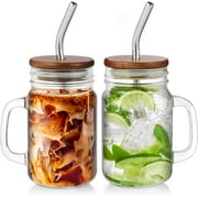 **iced coffee cup, 16 oz mason jar cups with handle, small glass coffee mugs with straws and acacia lids, drinking glass cups set of 2, smoothie, overnight oats containers