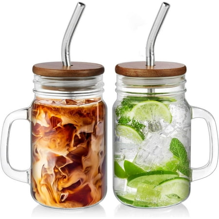 **iced coffee cup, 16 oz mason jar cups with handle, small glass coffee mugs with straws and acacia lids, drinking glass cups set of 2, smoothie, overnight oats containers