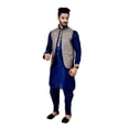 thumbnail image 3 of Indian Traditional Silk Navy Blue Sherwani Kurta Set with Multicolour Jacket for Men, 3 of 6
