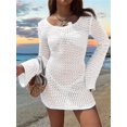 thumbnail image 6 of Womens Solid Color Crochet Lace Backless Long Sleeve Cover Up Sweater Beach Dress Summer Holiday White S, 6 of 8