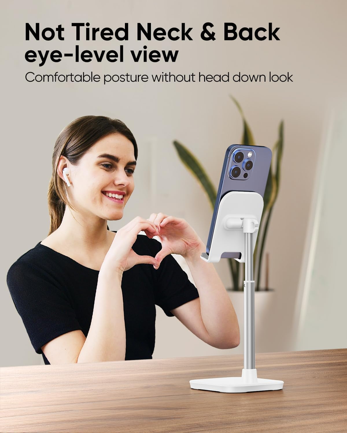 Cell Phone Stand, Adjustable Height Phone Stand for Desk, Eye Level Desktop Phone Holder Compatible with iPhone, Pro Max, Samsung, and All Mobile Phones up to 10''
